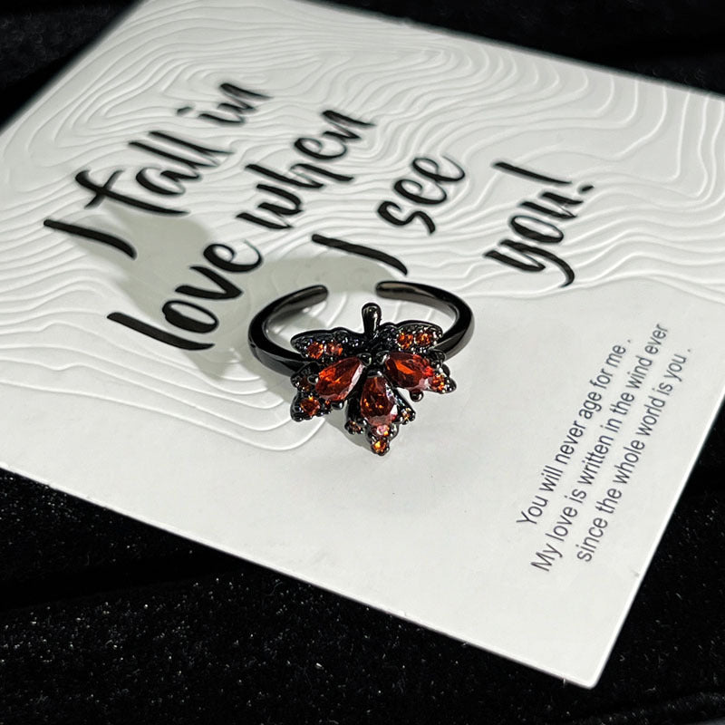 Trendy Cool Full Diamond Dark Style Cross Red Maple Leaf Ring