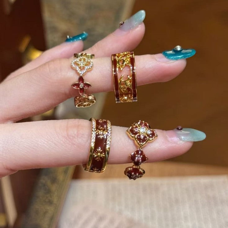 Women's Red Drip Glazed Flower-de-luce Light Luxury High-grade Cross Index Finger Rings