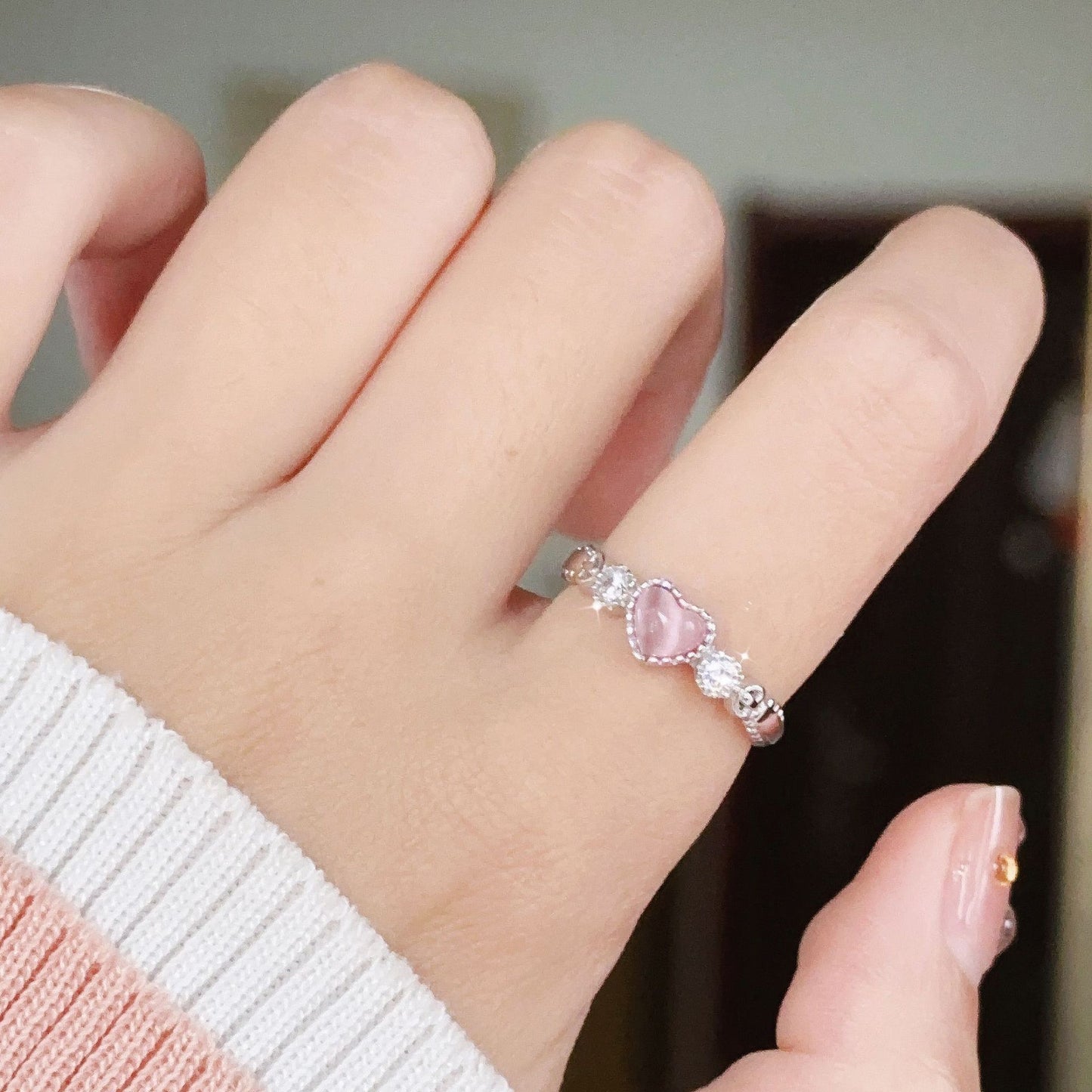 Opal Love Heart-shaped Female Design Sense Niche Sweet Cute Ring