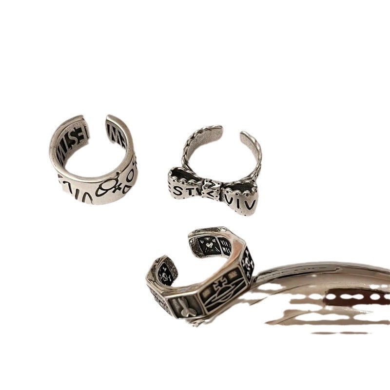 Distressed Saturn Ancient Style Bow Skull Wide Version Rings