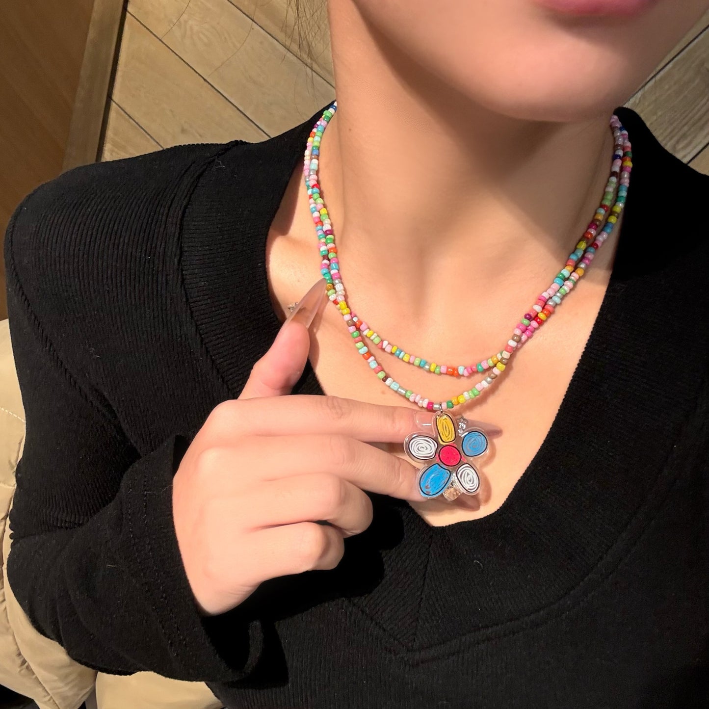 Women's Beaded Retro Cute Fashion Heart Clavicle Chain Flower Necklaces