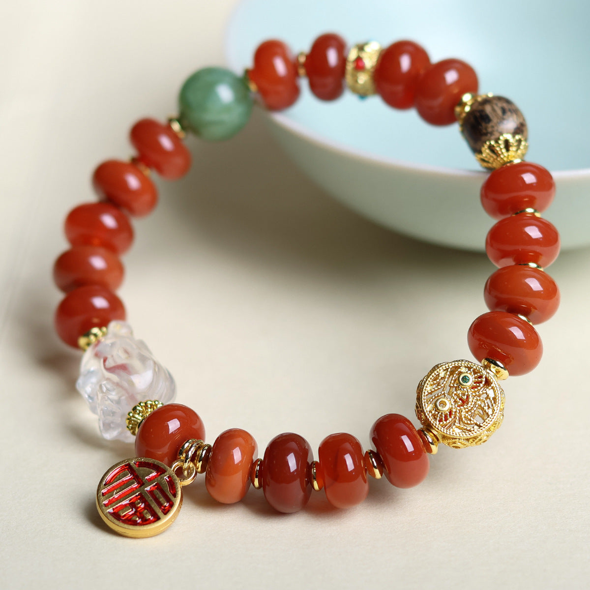 Women's South Red Agate Button Beads Crafts Green Tara Bracelets