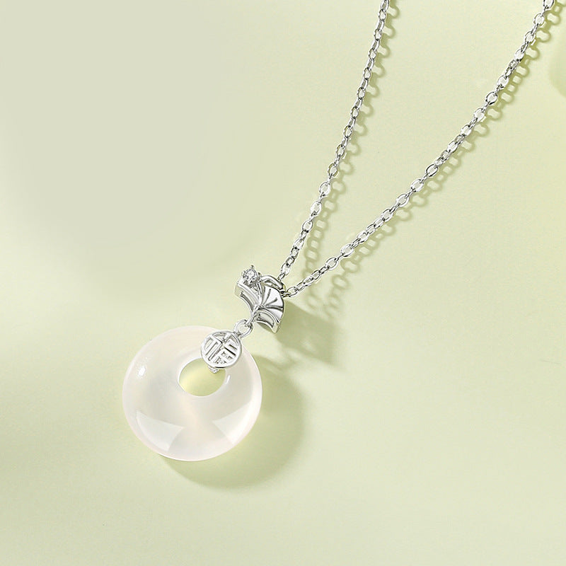 Women's Ginkgo Leaf Peace Buckle Chinese Style Fu Character Imitation Chalcedony Necklace